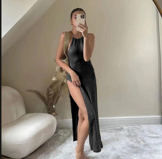 Damen Elegantes Maxikleid mit schickem Schlitz und feinem Stoff EB