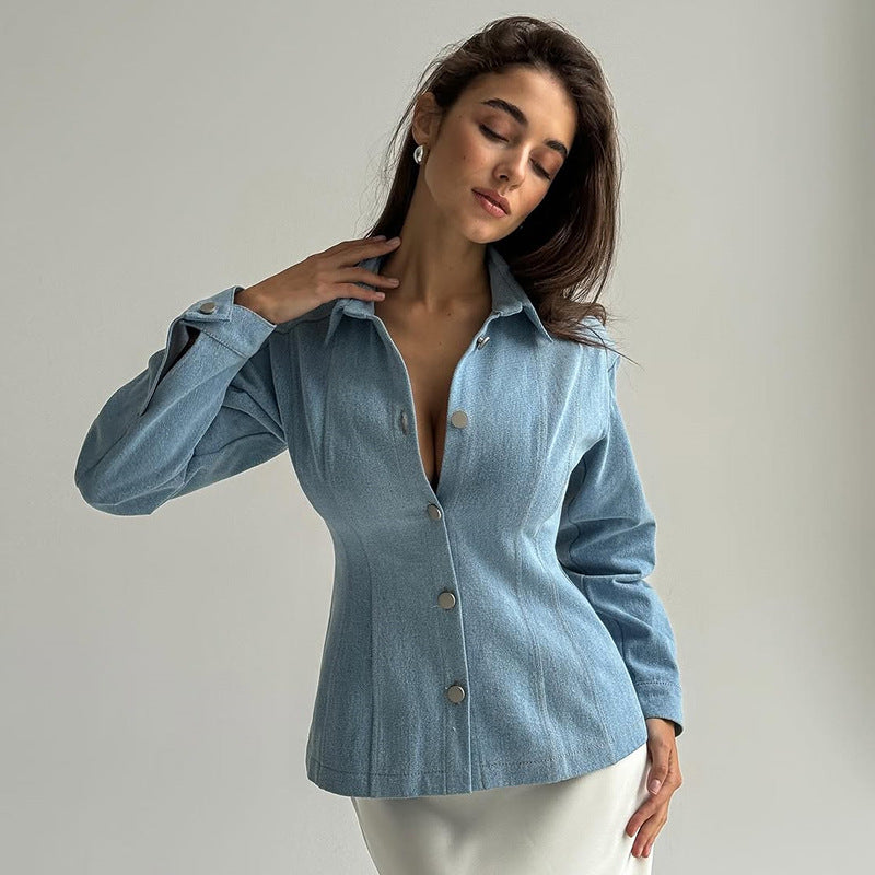 Damen taillierte Jeansbluse mit Knopfdetails EB