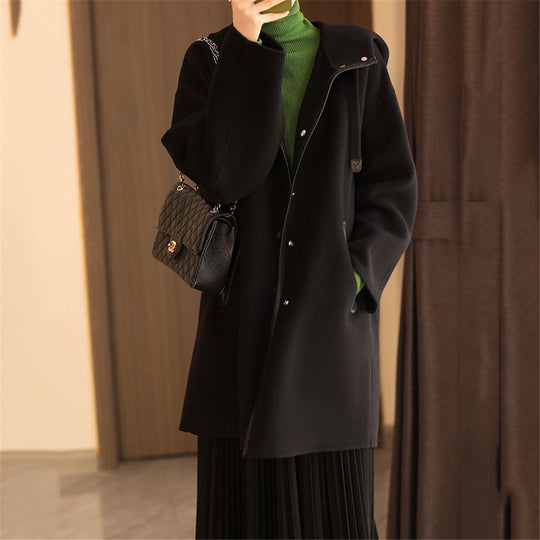 Damen nan midilanger Wollmixmantel mit Kapuze und Druckknopfleiste im Oversize-Schnitt EB