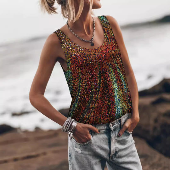 Damen Glitzerndes Top mit tiefem Rundhalsausschnitt und leichter A-Linie EB