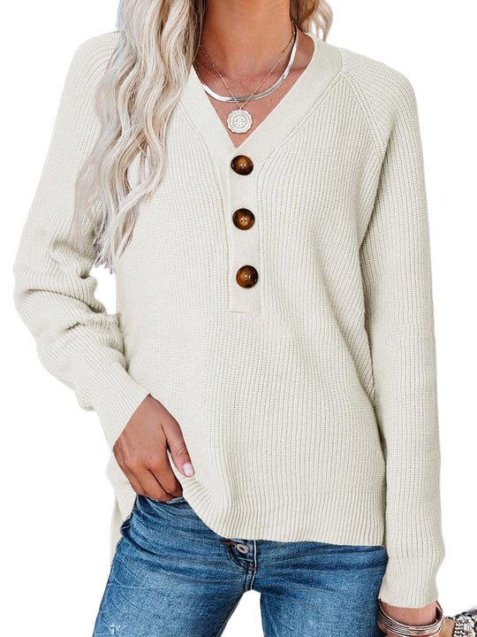 Damen Strickpullover mit Knopfdetails und tiefem V-Ausschnitt EB