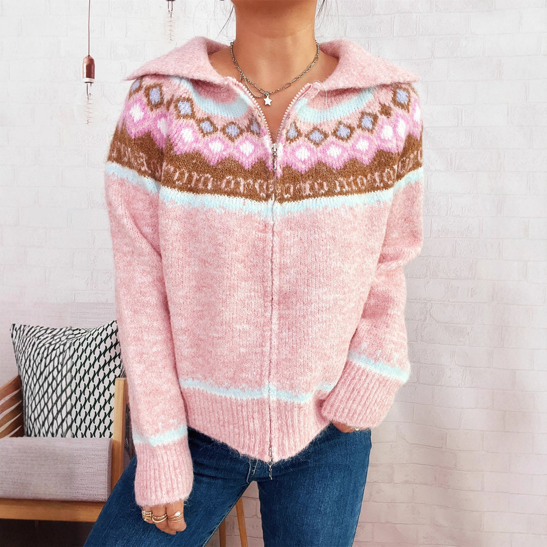 Damen Strickjacke mit buntem Muster und hochwertigem Reißverschluss EB