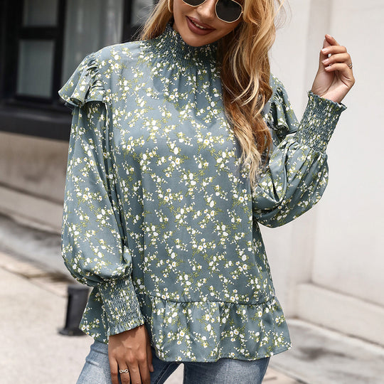 Damen elegante Bluse mit Rüschendetail und hohem Kragen EB