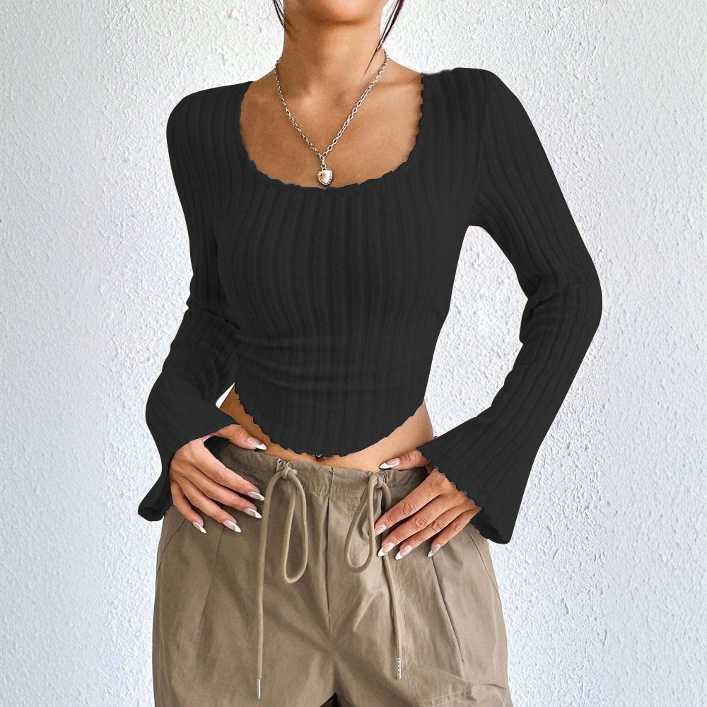 Damen geripptes Crop-Top mit quadratischem Ausschnitt, gewelltem Saum und ausgestellten Ärmeln Eichborn Berlin