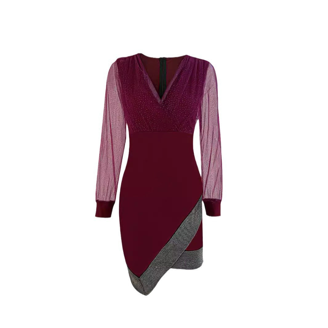Damen Elegantes Wickelkleid mit funkelnden Details und transparenten Ärmeln EB