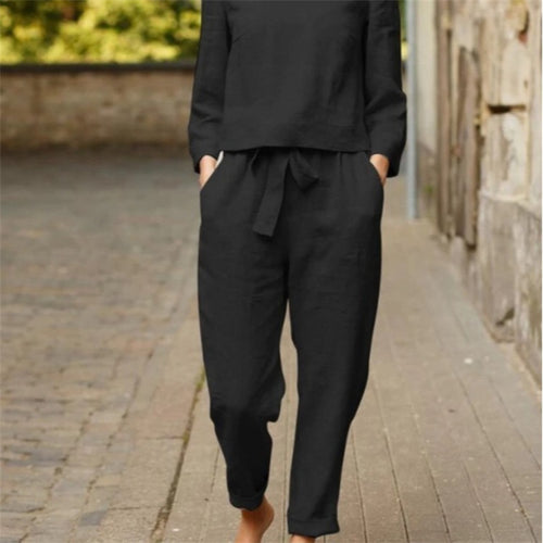 Damen Lässiges Zweiteiliges Leinen-Outfit mit breitem Bund EB
