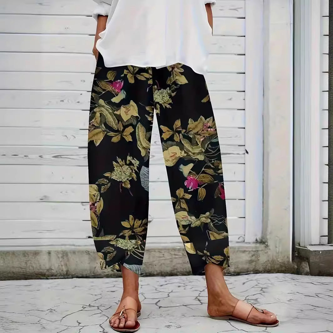 Damen lässige weite Stoffhose mit floralem Muster und elastischem Bund EB