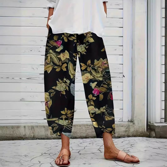 Damen lässige weite Stoffhose mit floralem Muster und elastischem Bund EB