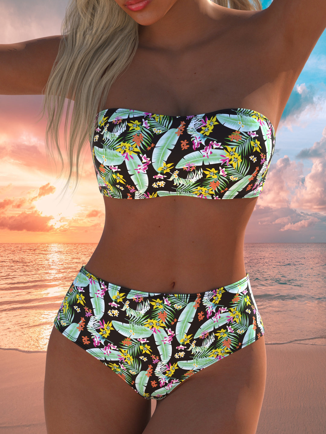 Damen Bandeau-Bikini mit hochgeschnittenen Pants und buntem Bedruck EB