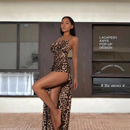 Damen Figurbetontes Animal-Print Maxikleid mit hohem Schlitz EB