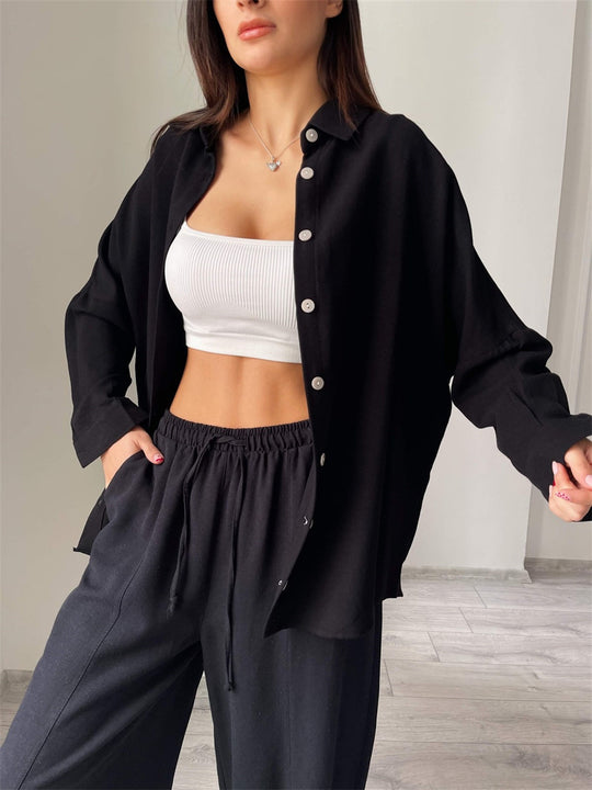Damen lässiges Freizeit-Set mit übergroßem Hemd und weiten Hosen EB