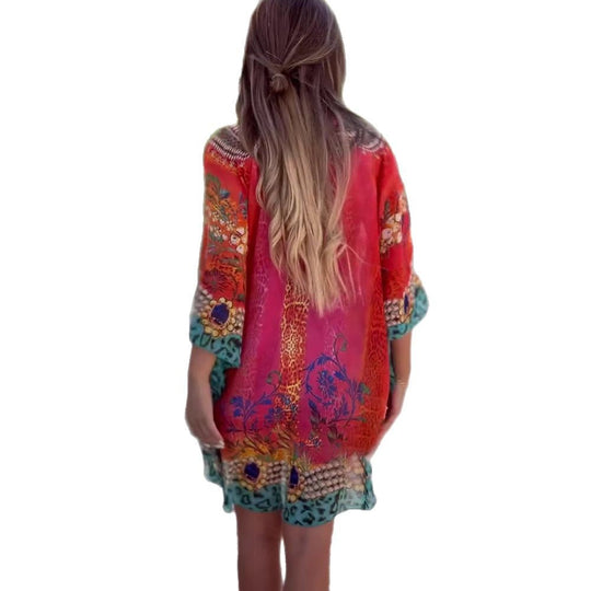 Damen Strandkleid Im Farbenfrohen Boho-Stil mit Verspieltem Design und Tiefem V-Ausschnitt EB