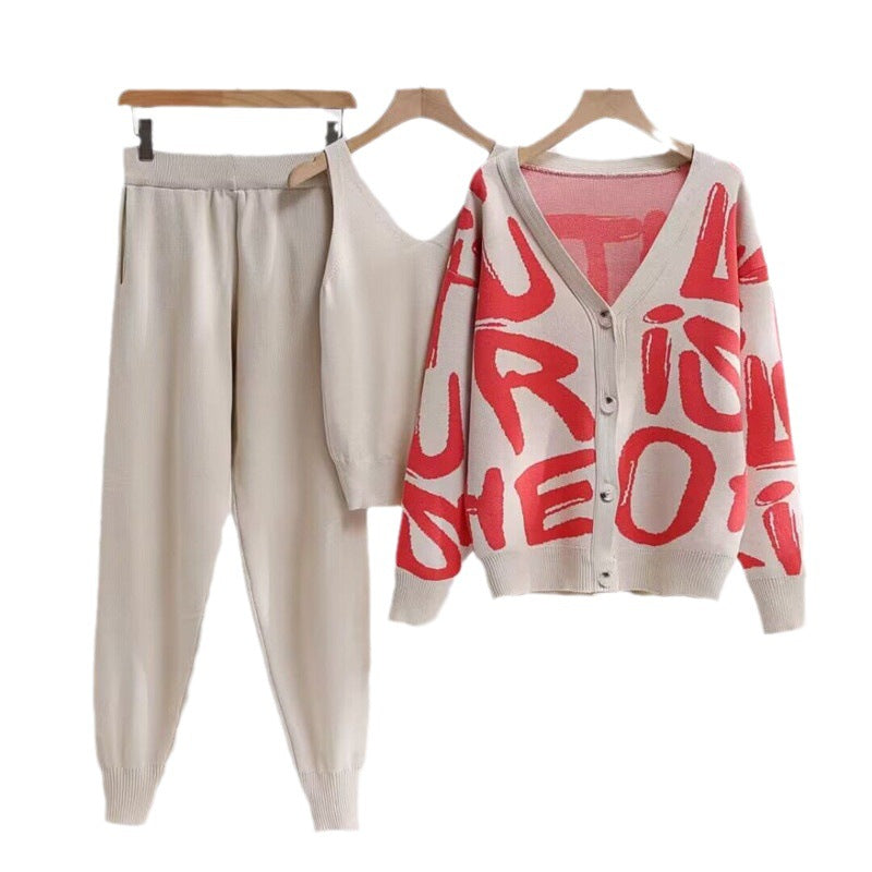 Damen gemütliches Strick-Loungewear-Set mit Dekorativem Schriftzug EB