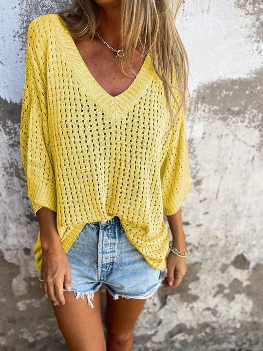 Damen nan luftig gestrickter V-Ausschnitt Pullover im Oversize-Schnitt EB