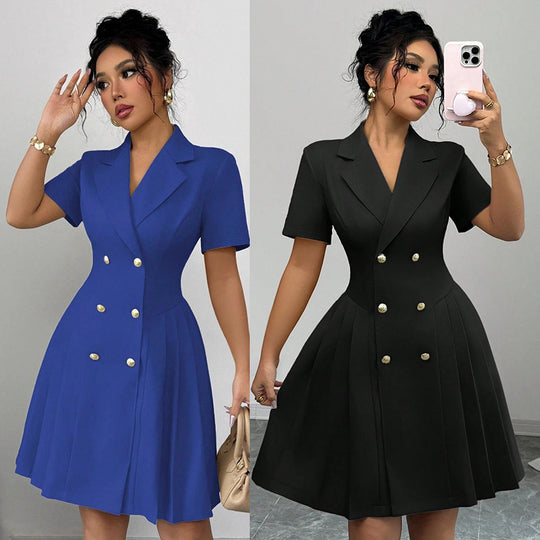 Damen elegantes A-Linien Kleid mit doppelter Knopfleiste und plissiertem Rock EB