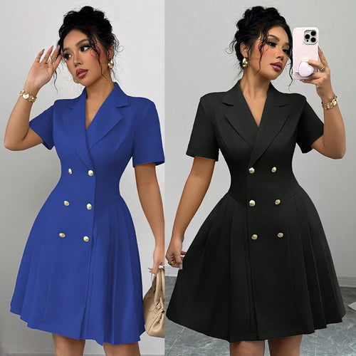 Damen elegantes A-Linien Kleid mit doppelter Knopfleiste und plissiertem Rock EB