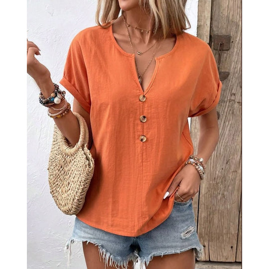 Damen lässige Bluse mit Knopfleiste und rundem Ausschnitt EB