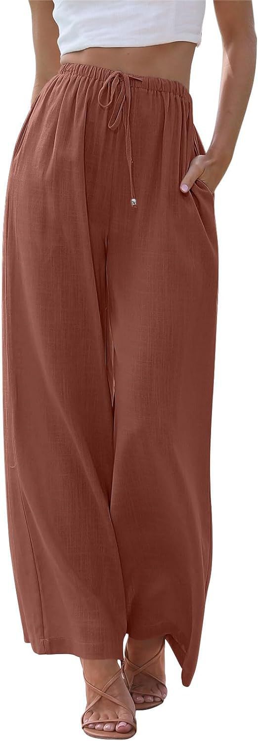 Damen nan weite Leinenhose mit elastischem Bund Kordel und Seitentaschen EB