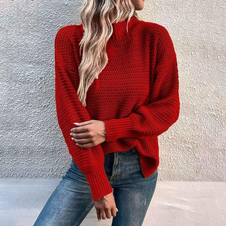 Damen Grobstrickpullover mit hohem Kragen und ballonförmigen Ärmeln EB