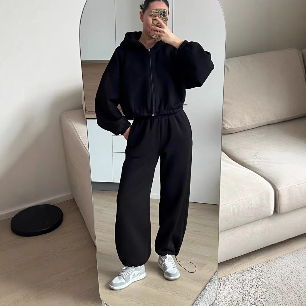 Damen Oversize Sweatset mit Reißverschluss Bomberjacke und Highwaist Jogginghose EB