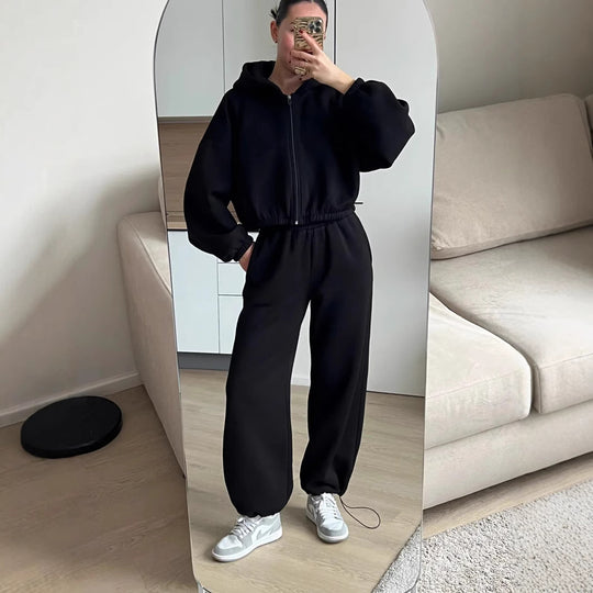 Damen Oversize Sweatset mit Reißverschluss Bomberjacke und Highwaist Jogginghose EB