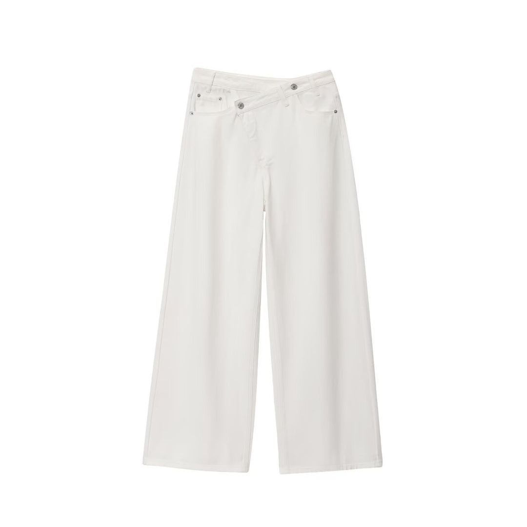 Damen weit geschnittene Jeans mit asymmetrischem Knopfverschluss und hohen Taillen EB