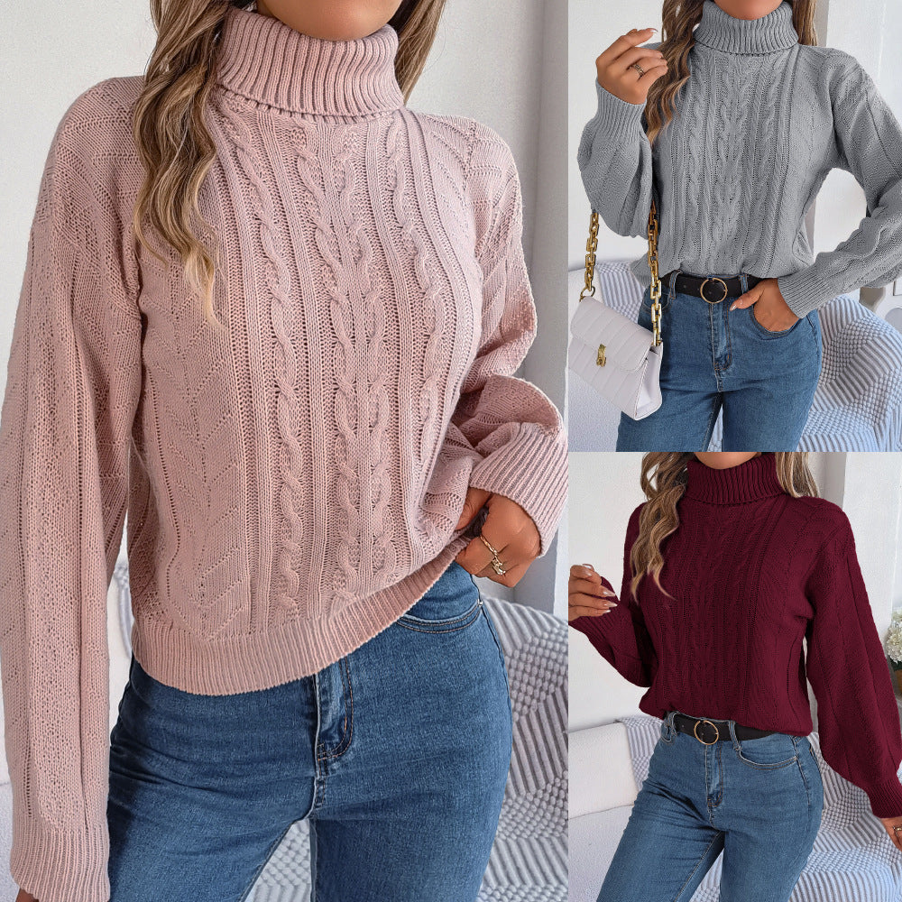 Damen Gemütlicher Strickpullover mit Stehkragen und Zopfmuster EB