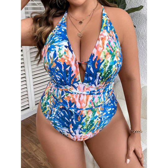 Damen Einteiler Badeanzug mit floralem Wickeldesign und verstellbarem Bindeband EB