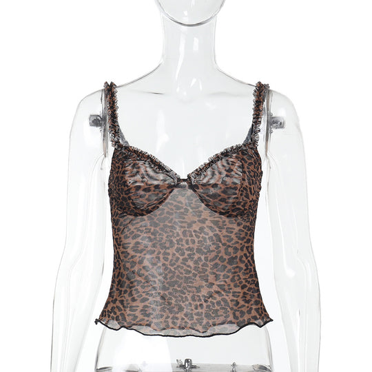 Damen verspieltes Spitzen-Crop-Top mit aufregendem Leopardenmuster EB