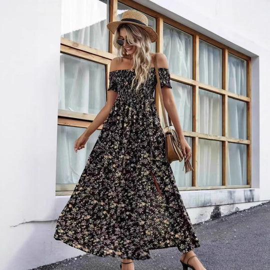 Damen luftiges Maxikleid mit schulterfreien Ärmeln und floralem Muster EB