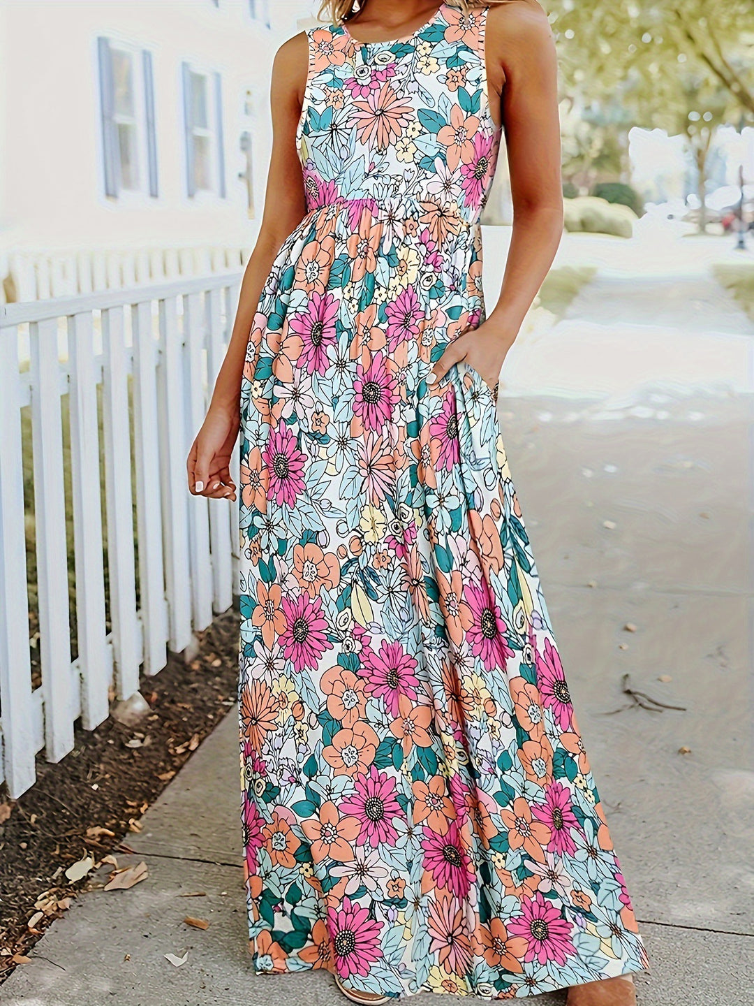 Damen Maxikleid mit floralem Muster und praktischen Taschen EB
