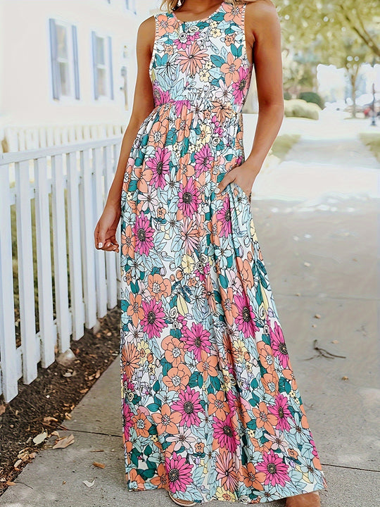 Damen Maxikleid mit floralem Muster und praktischen Taschen EB
