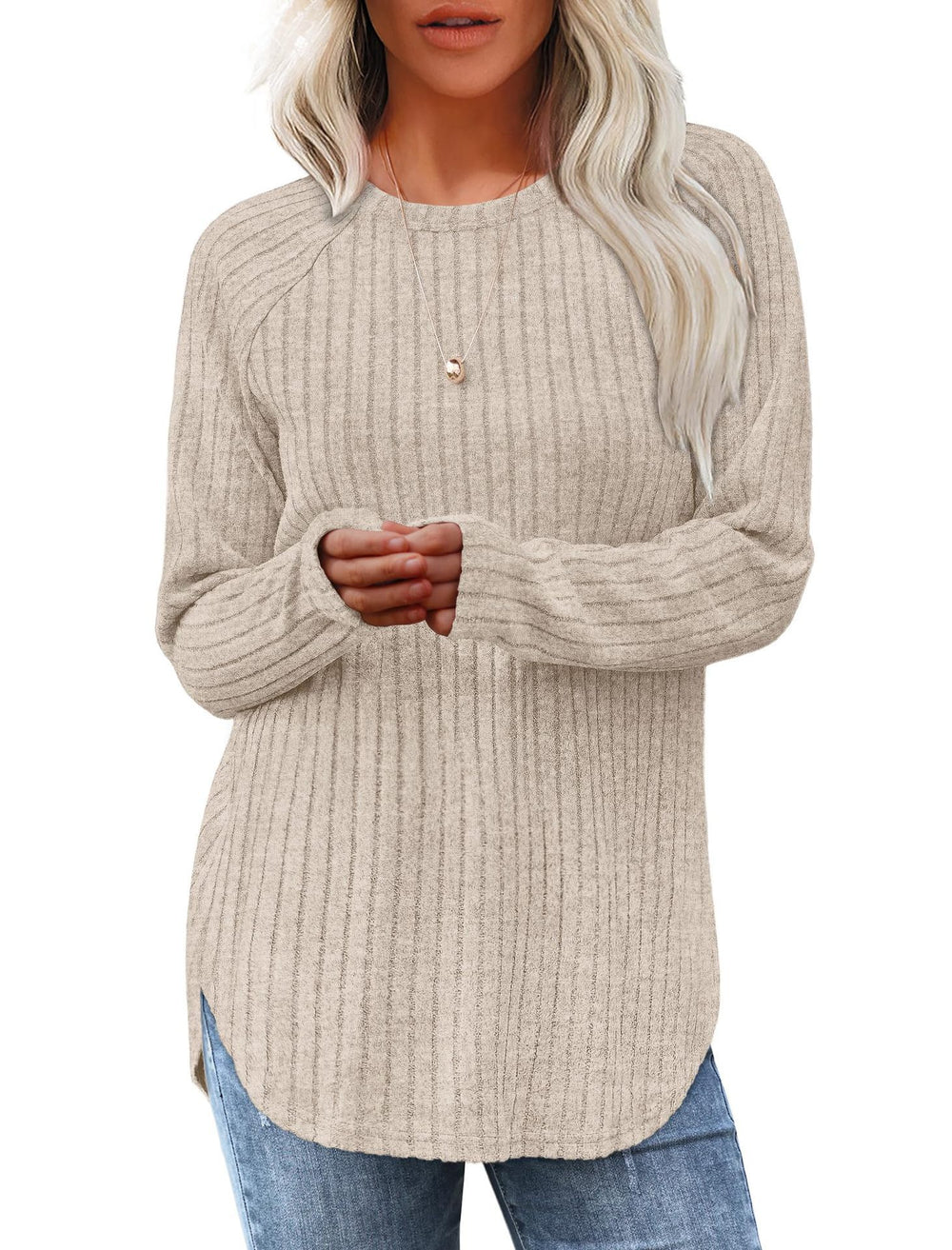 Damen lässiger Langarm Pullover mit strukturiertem Rippdesign EB