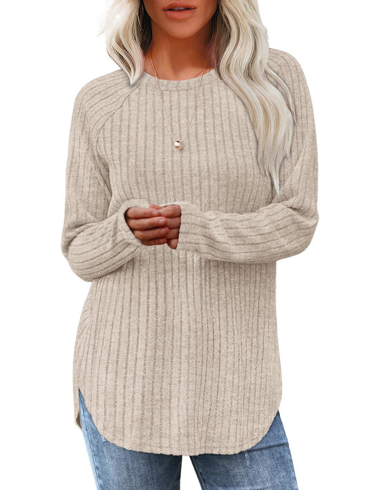 Damen lässiger Langarm Pullover mit strukturiertem Rippdesign EB