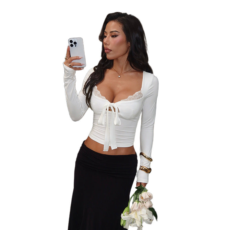 Damen Elegantes Langarm-Top mit femininem Schleifen-Detail und Spitzenbesatz EB