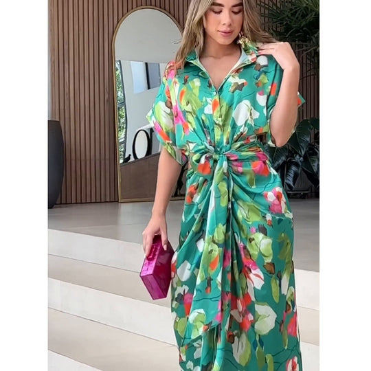 Damen luftiger Kaftan mit floralem Design und dekorativem Knoten EB