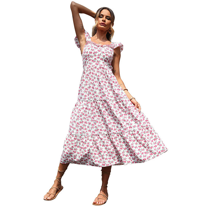 Damen Maxi-Kleid mit romantischen Volantärmeln und floralem Design EB