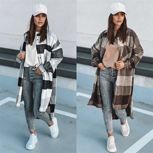Damen Langer Karo-Wintermantel mit knöpfbarem Design und lockerer Passform EB