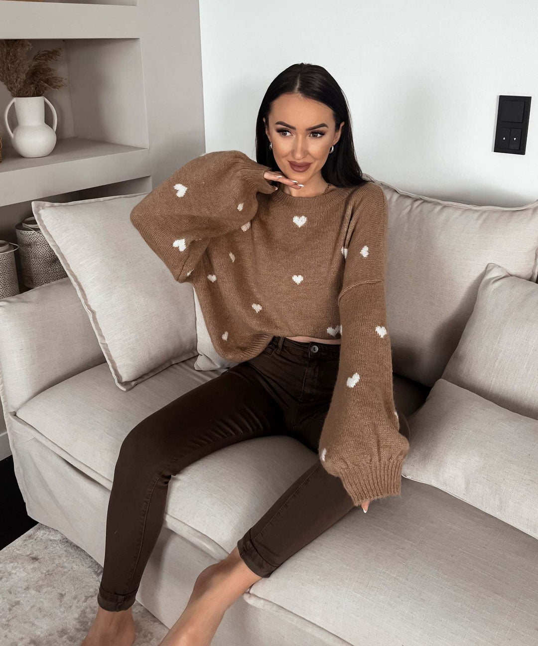 Damen lässiger Strickpullover mit herzförmigen Mustern und angeschnittenen Ärmeln EB
