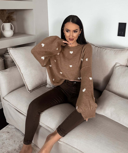 Damen lässiger Strickpullover mit herzförmigen Mustern und angeschnittenen Ärmeln EB