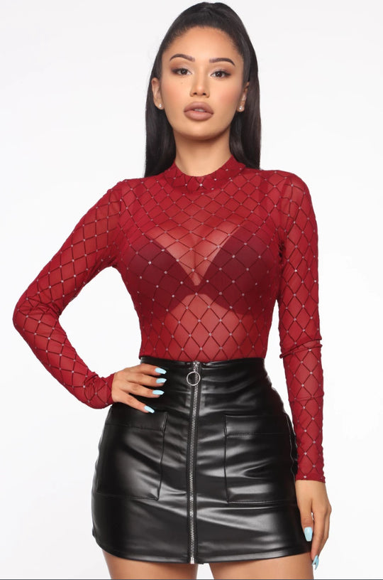 Damen Langärmeliger Bodysuit mit funkelndem Netzdesign EB