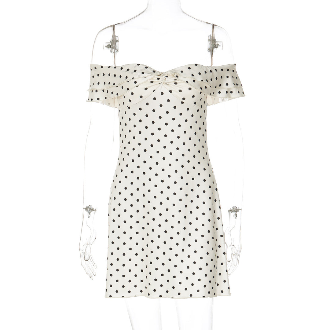 Damen Verspieltes Polka-Dot Cocktailkleid mit Schulterfreiem Design und Rüschendetails EB