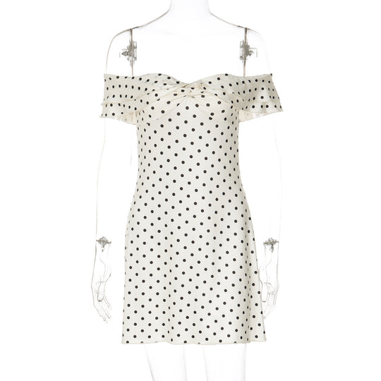 Damen Verspieltes Polka-Dot Cocktailkleid mit Schulterfreiem Design und Rüschendetails EB