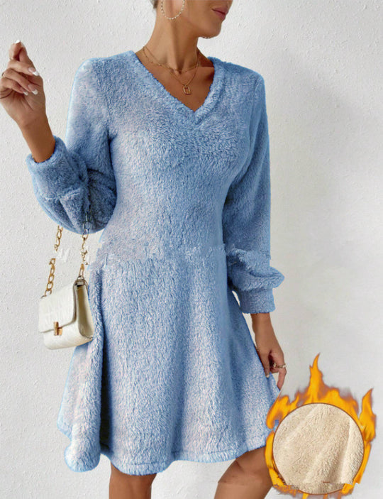Damen fließendes V-Ausschnitt Kleid mit langen Ärmeln und weichem Fleece EB