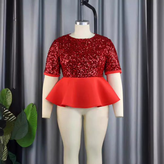 Damen elegantes Glitzeroberteil mit schwingendem Peplum EB