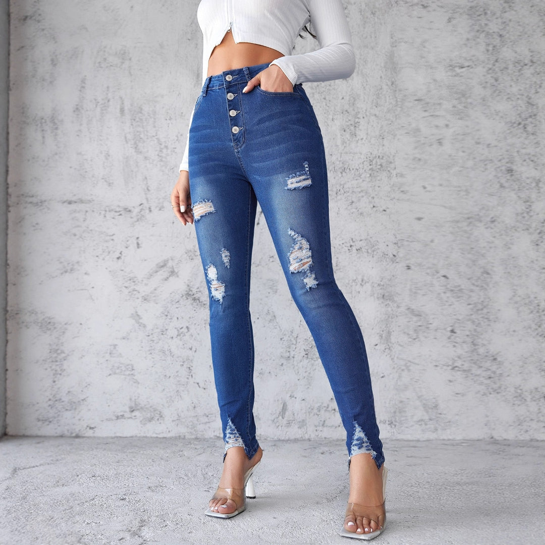 Damen High-Waist Skinny Jeans mit modischen Rissen und Knopfdetails EB