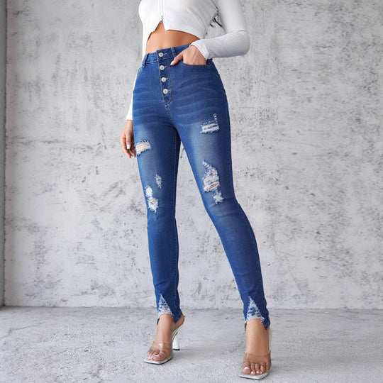 Damen High-Waist Skinny Jeans mit modischen Rissen und Knopfdetails EB