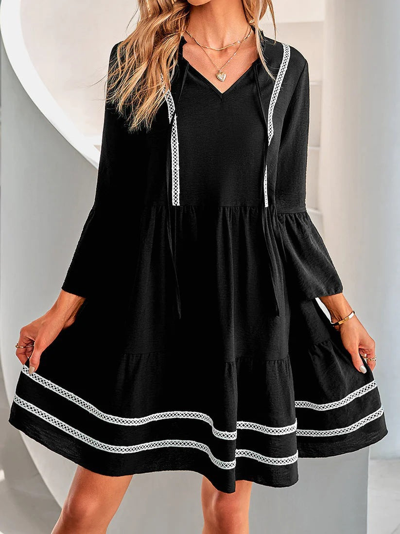 Damen lässiges Freizeitkleid mit V-Ausschnitt und dekorativem Spitzenbesatz EB