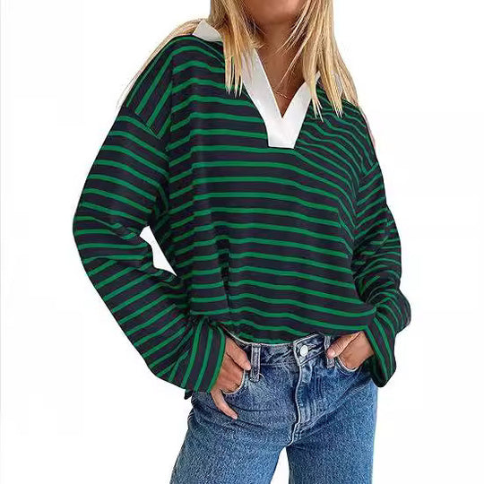 Damen Lässiges gestreiftes Sweatshirt mit V-Ausschnitt und langen Ärmeln EB