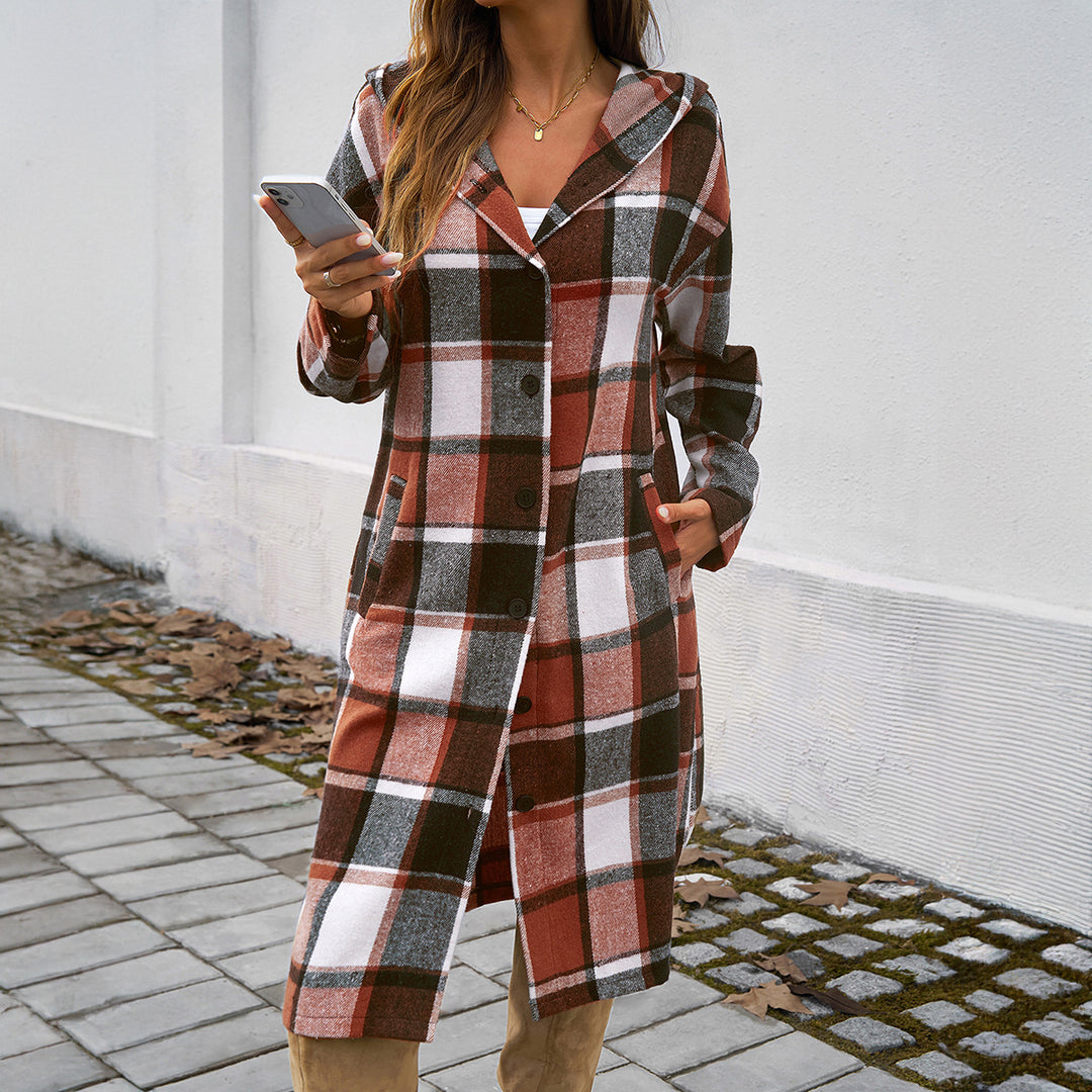 Damen nan lockeres Kapuzen-Hemdkleid mit karierter Flanelloptik, durchgehender Knopfleiste und hohem Beinschlitz EB